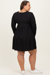 Black Textured Rib Tiered Long Sleeve Plus Dress