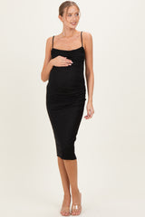 Black Glitter Ruched Maternity Midi Dress