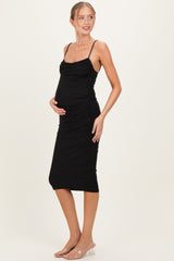 Black Glitter Ruched Maternity Midi Dress