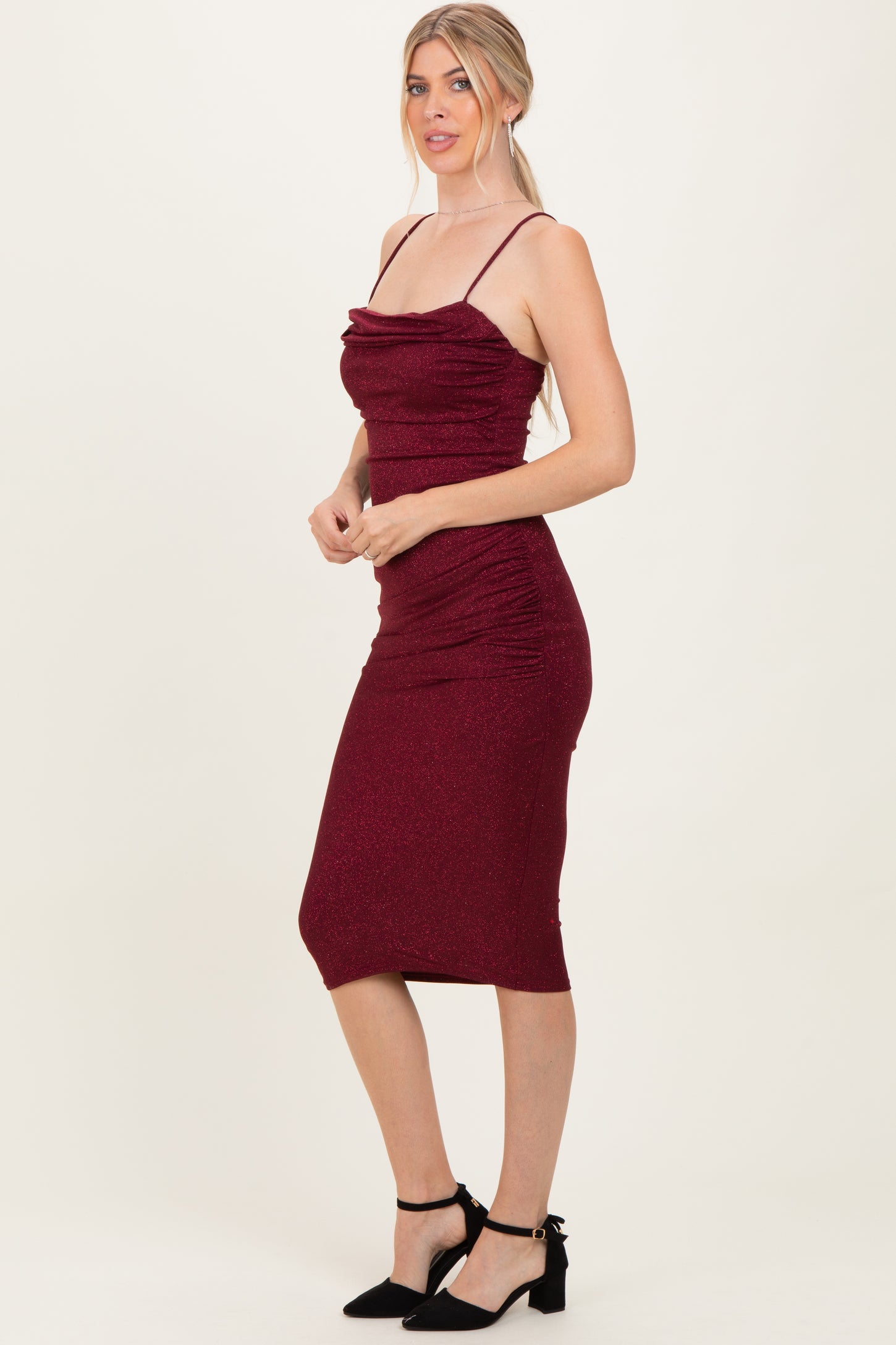 Burgundy Glitter Ruched Midi Dress