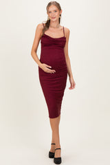 Burgundy Glitter Ruched Maternity Midi Dress