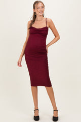 Burgundy Glitter Ruched Maternity Midi Dress