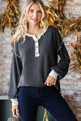 Charcoal Textured Rib Bubble Sleeve Maternity Henley