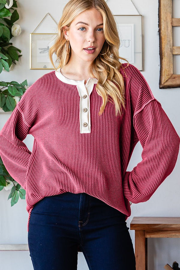 Burgundy Textured Rib Bubble Sleeve Maternity Henley