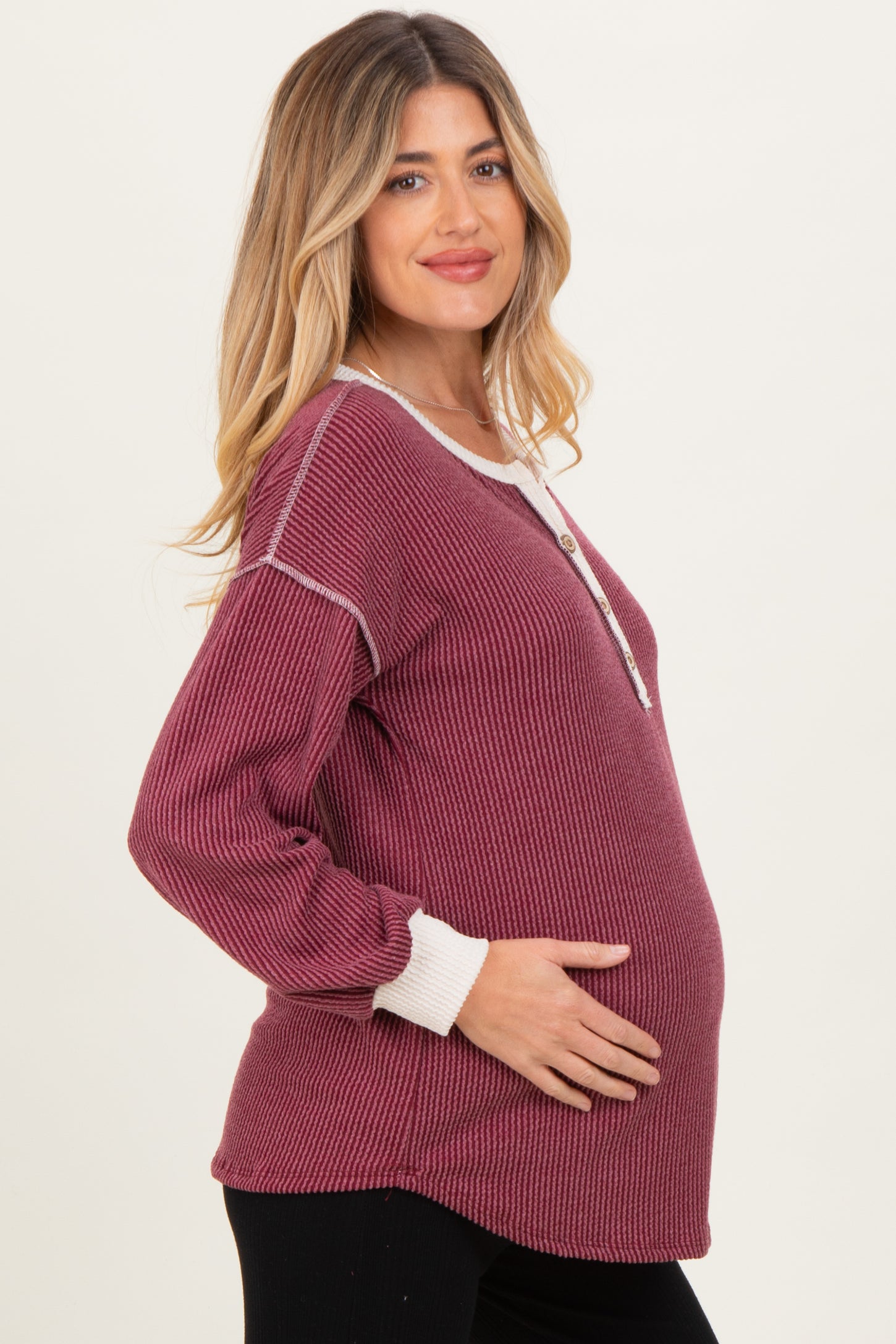 Burgundy Textured Rib Bubble Sleeve Maternity Henley