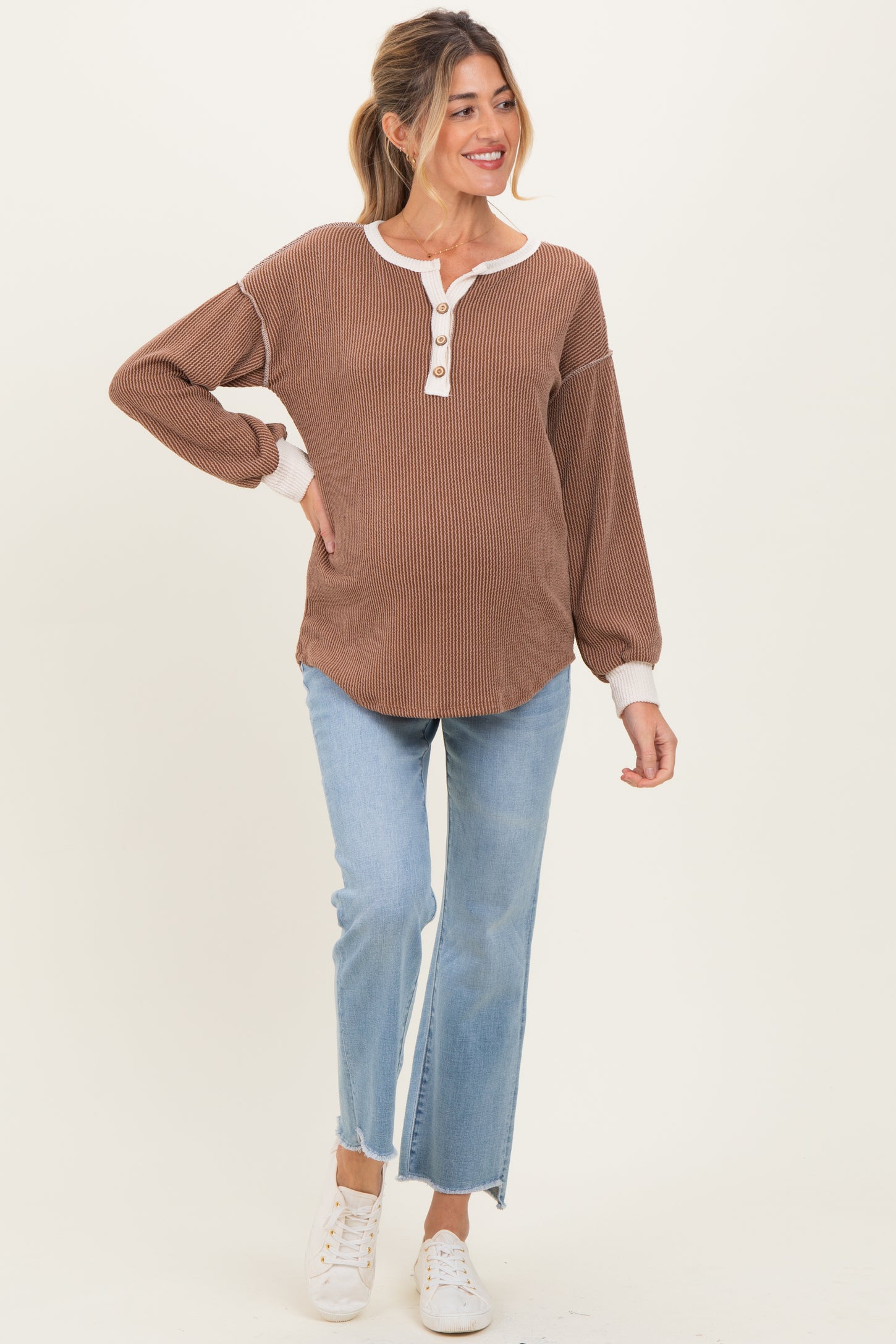 Mocha Textured Rib Bubble Sleeve Maternity Henley