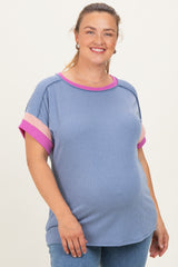 Dusty Blue Ribbed Colorblock Detail Maternity Plus Short Sleeve Top