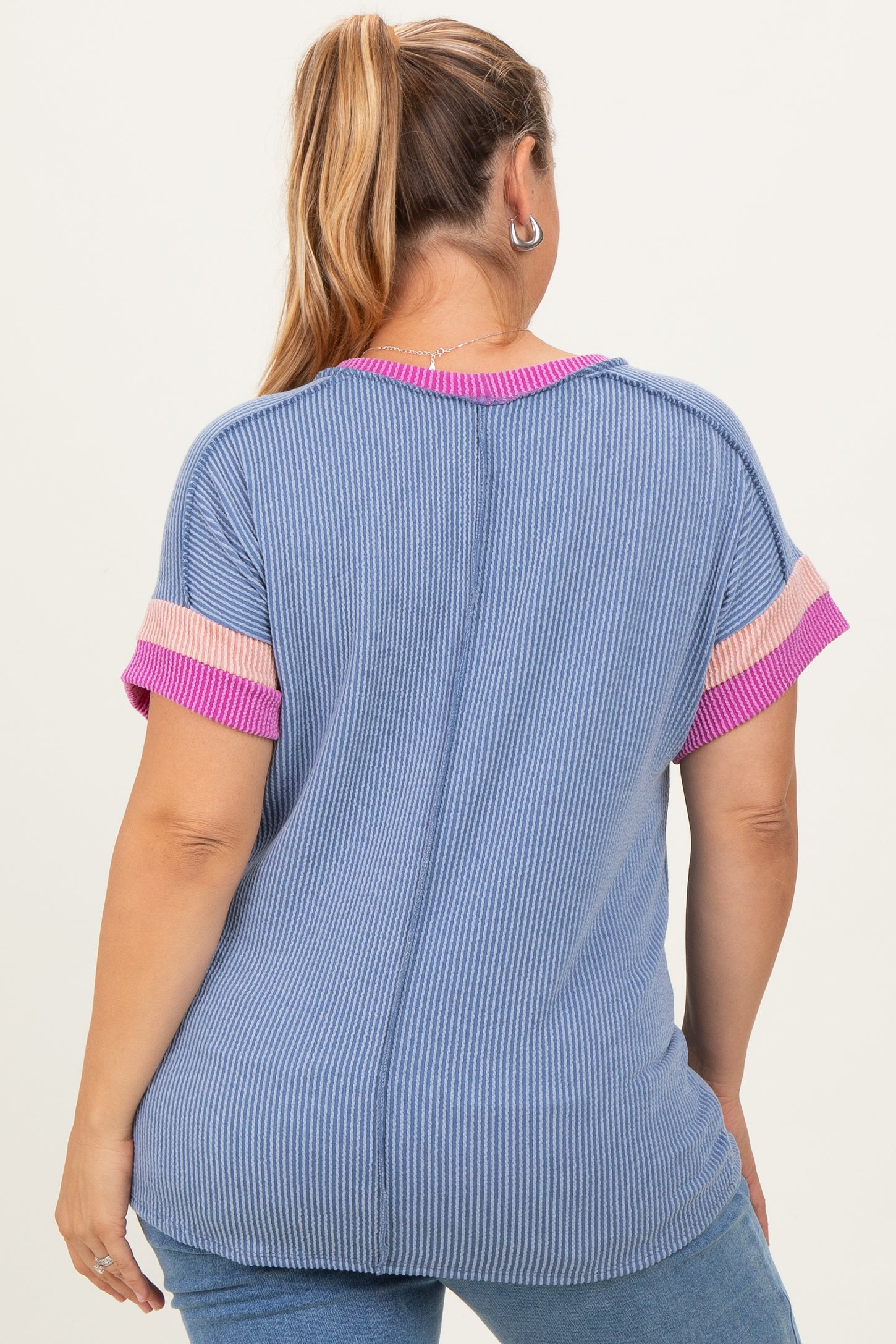 Dusty Blue Ribbed Colorblock Detail Maternity Plus Short Sleeve Top