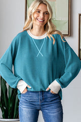 Teal Textured Rib Relaxed Fit Pullover Top