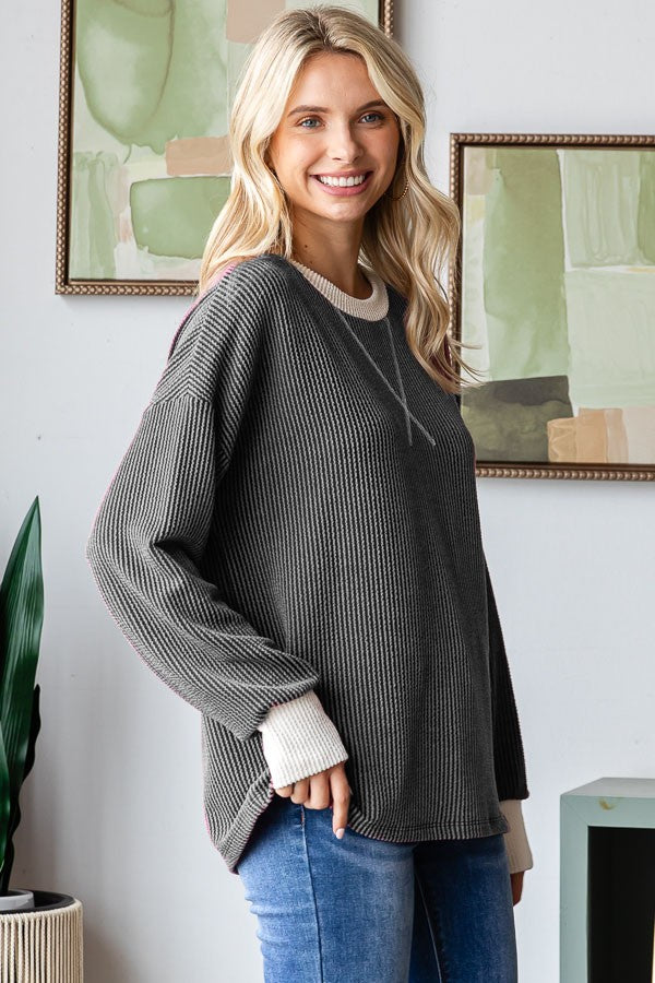 Charcoal Textured Rib Relaxed Fit Pullover Top