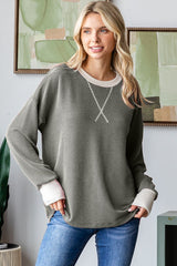 Olive Textured Rib Relaxed Fit Pullover Top