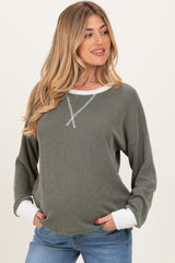 Olive Textured Rib Relaxed Fit Maternity Pullover Top