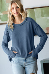 Light Navy Textured Rib Thumb Hole Maternity Long Sleeve Top