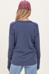 Light Navy Textured Rib Thumb Hole Maternity Long Sleeve Top