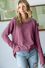 Magenta Textured Rib Thumb Hole Maternity Long Sleeve Top