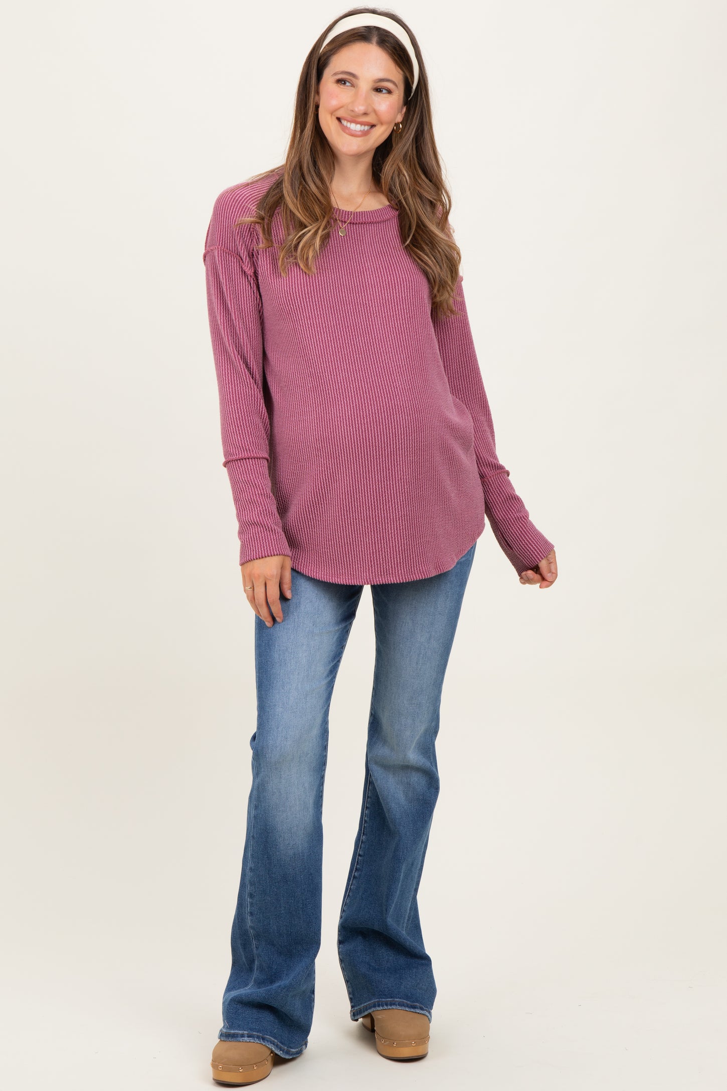Magenta Textured Rib Thumb Hole Maternity Long Sleeve Top