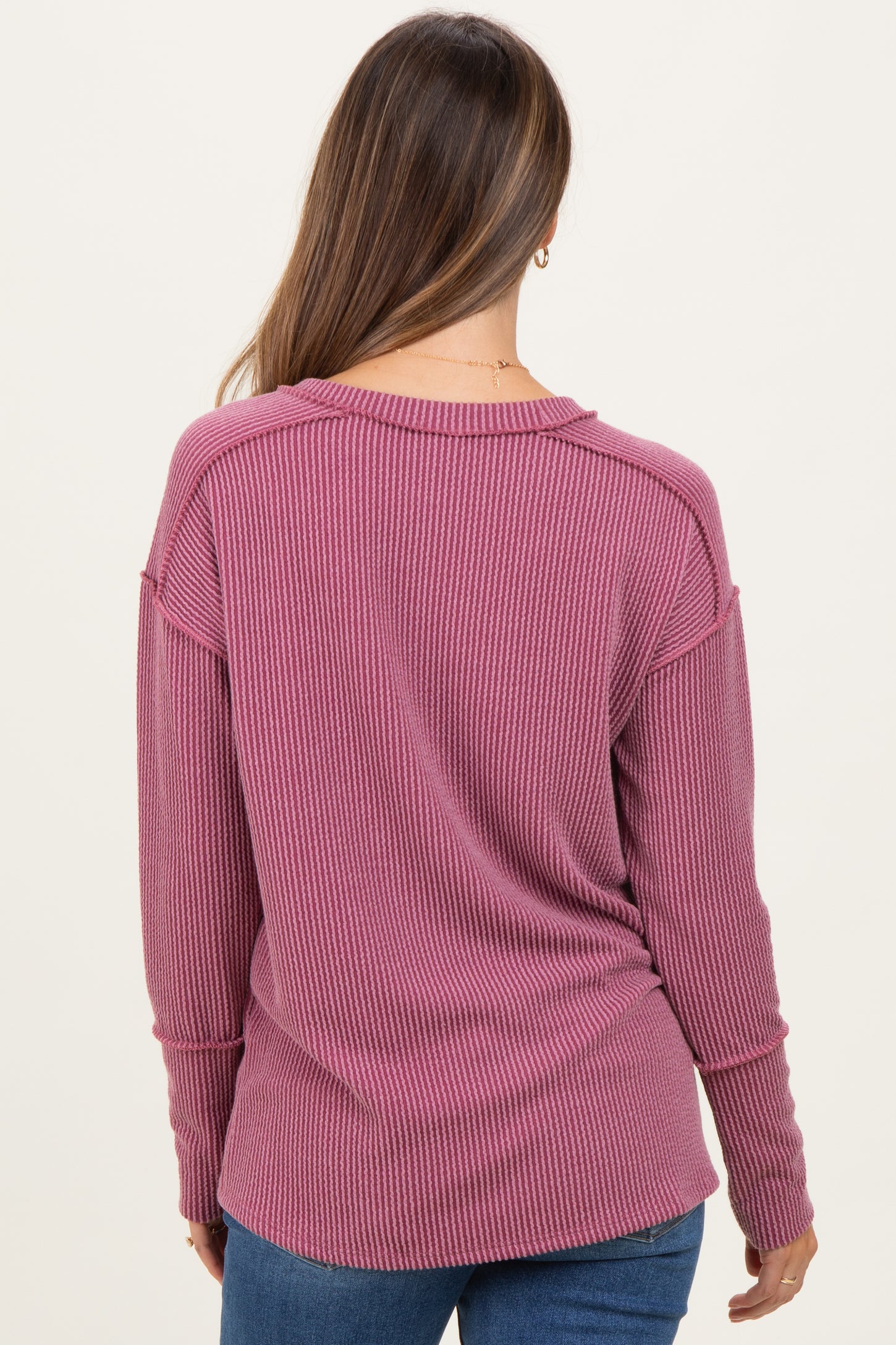 Magenta Textured Rib Thumb Hole Maternity Long Sleeve Top