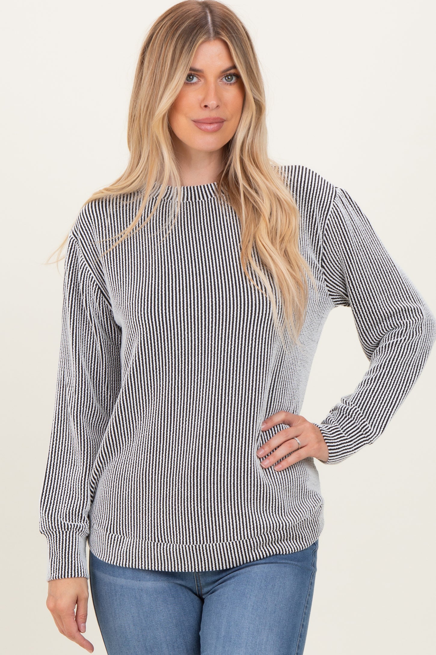 White Textured Rib Crew Neck Long Sleeve