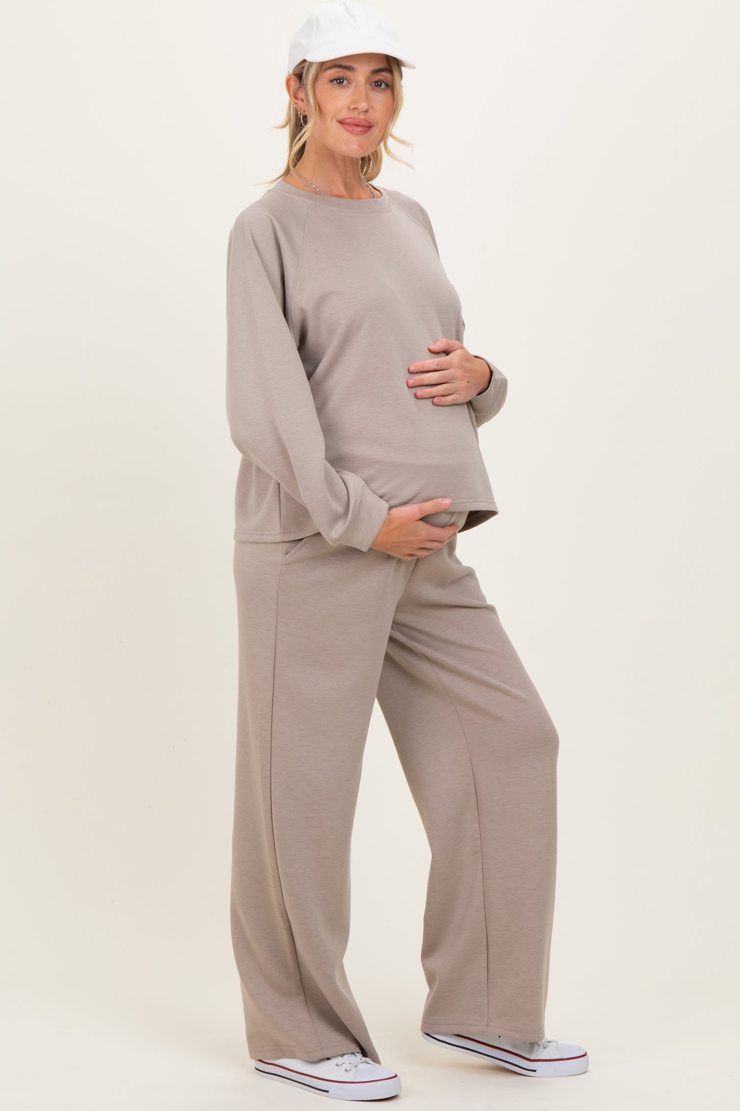 Beige Crewneck Pullover Pant Maternity Set
