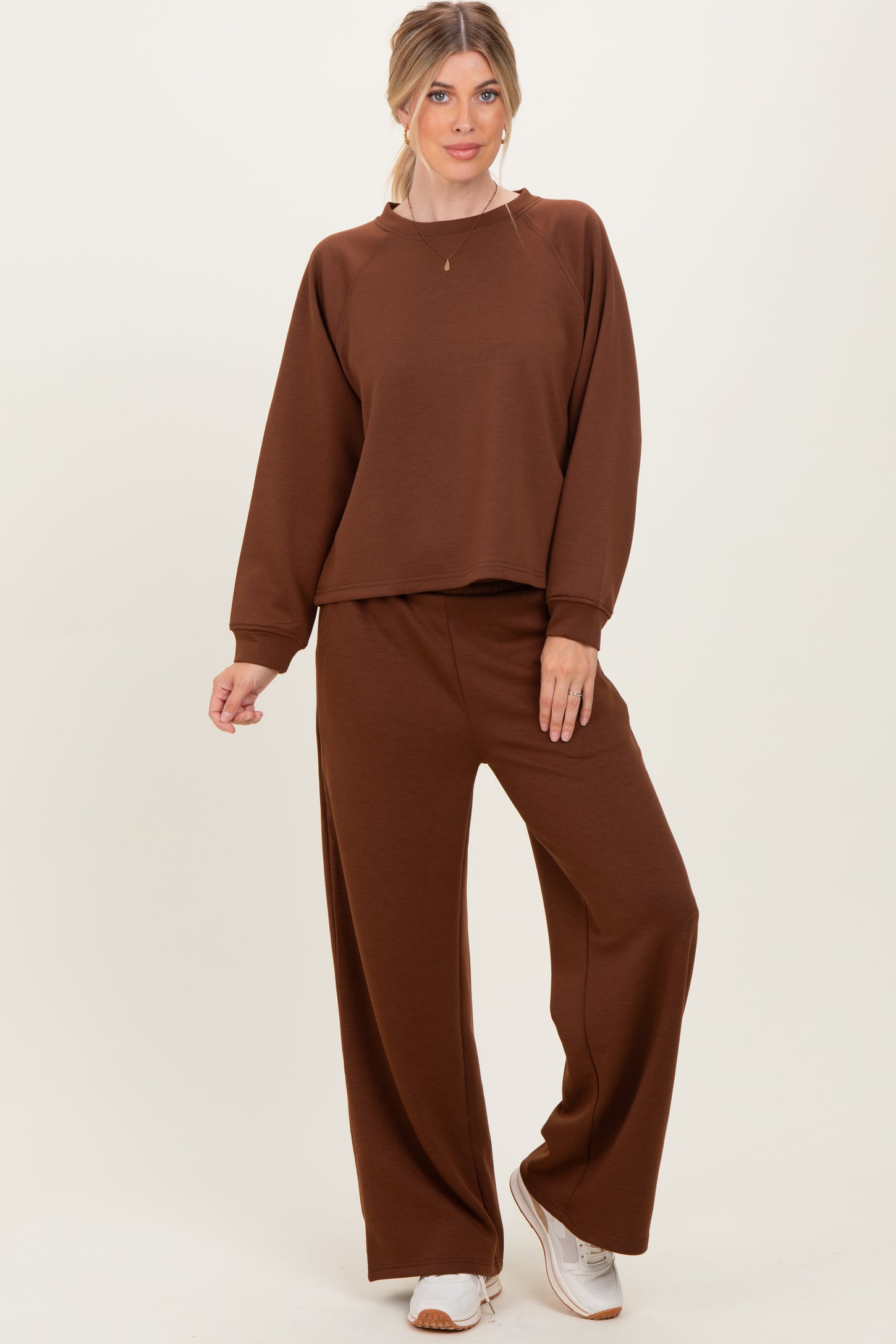 Brown Crewneck Pullover Pant Set