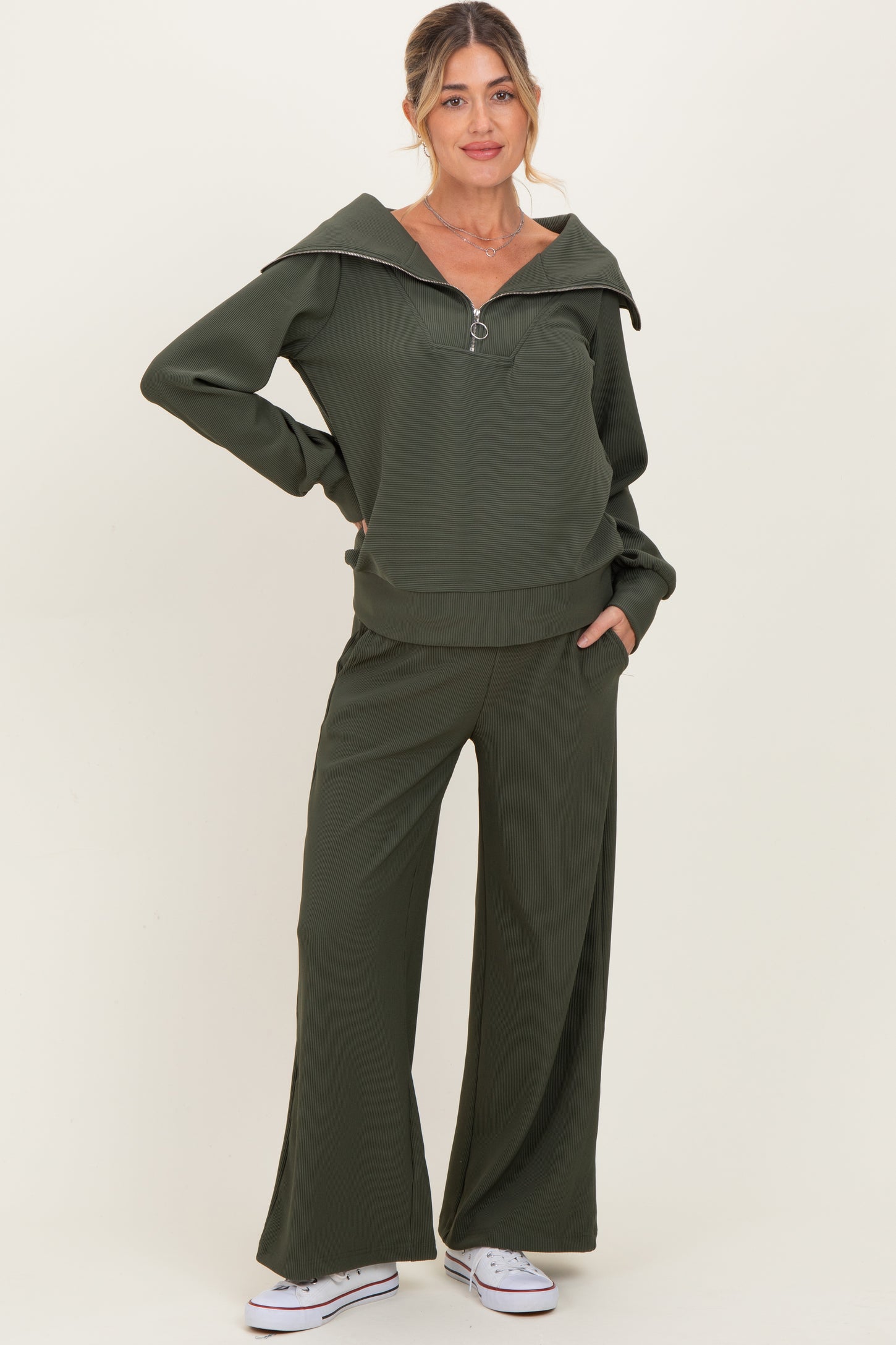 Olive Ribbed Half Zip Pullover Wide Leg Pant Maternity Set