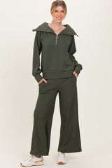 Olive Ribbed Half Zip Pullover Wide Leg Pant Set