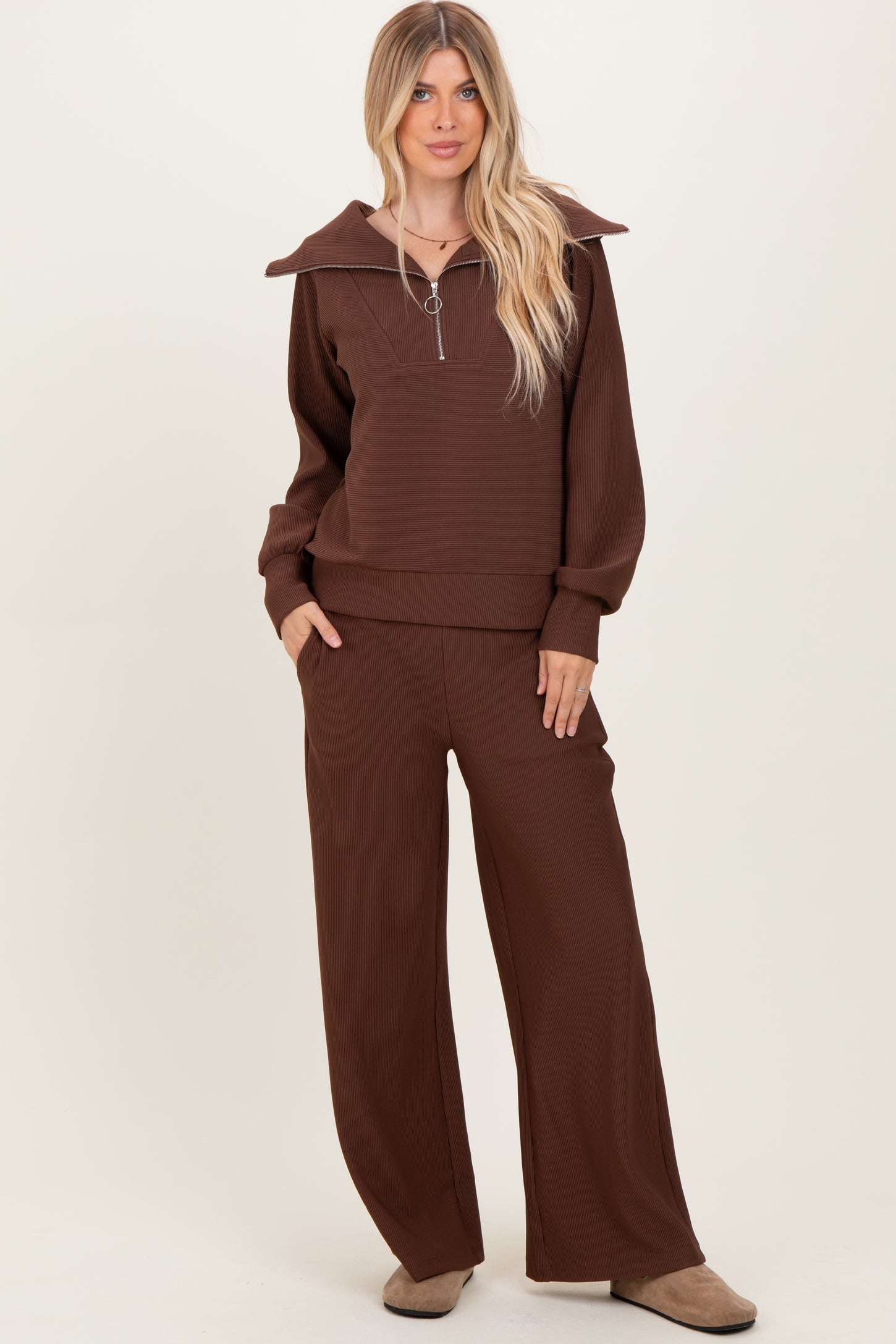 Brown Ribbed Half Zip Pullover Wide Leg Pant Set