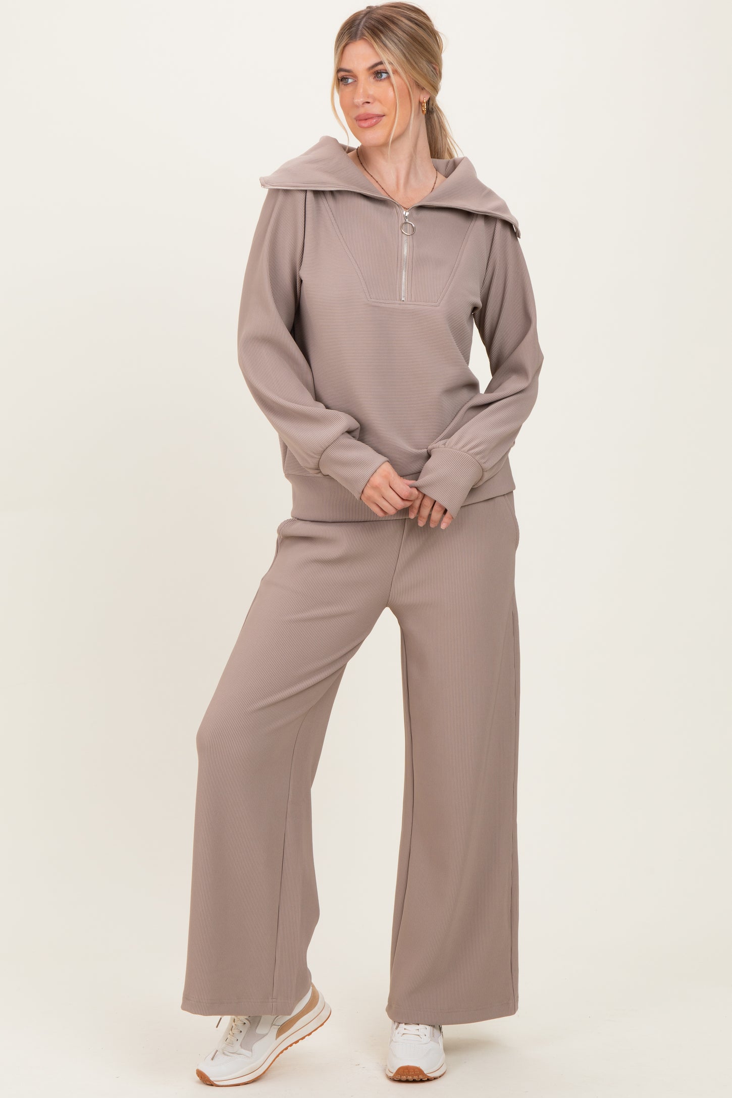 Mocha Ribbed Half Zip Pullover Wide Leg Pant Maternity Set