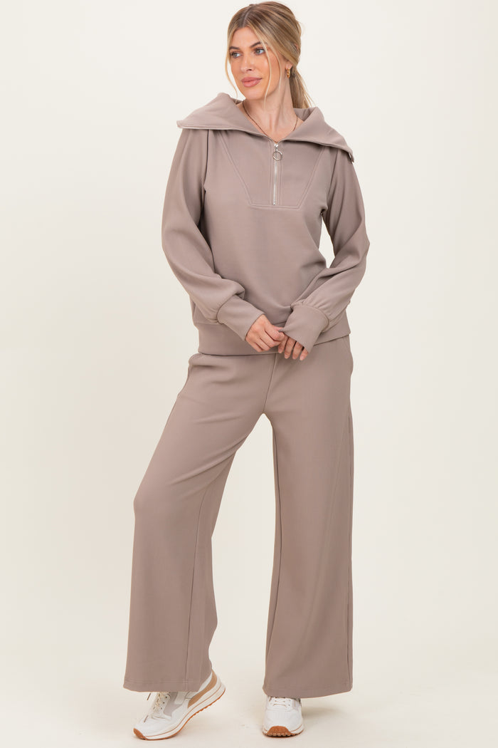 Mocha Ribbed Half Zip Pullover Wide Leg Pant Set