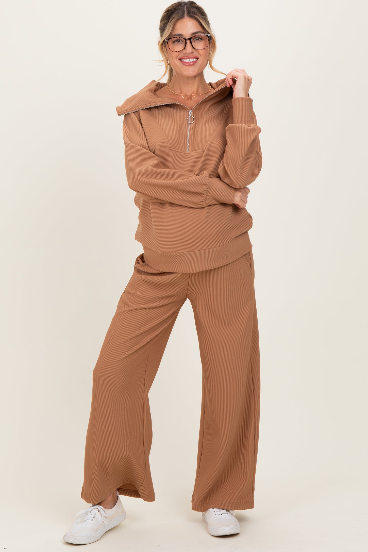 Camel Ribbed Half Zip Pullover Wide Leg Pant Maternity Set