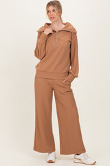 Camel Ribbed Half Zip Pullover Wide Leg Pant Maternity Set