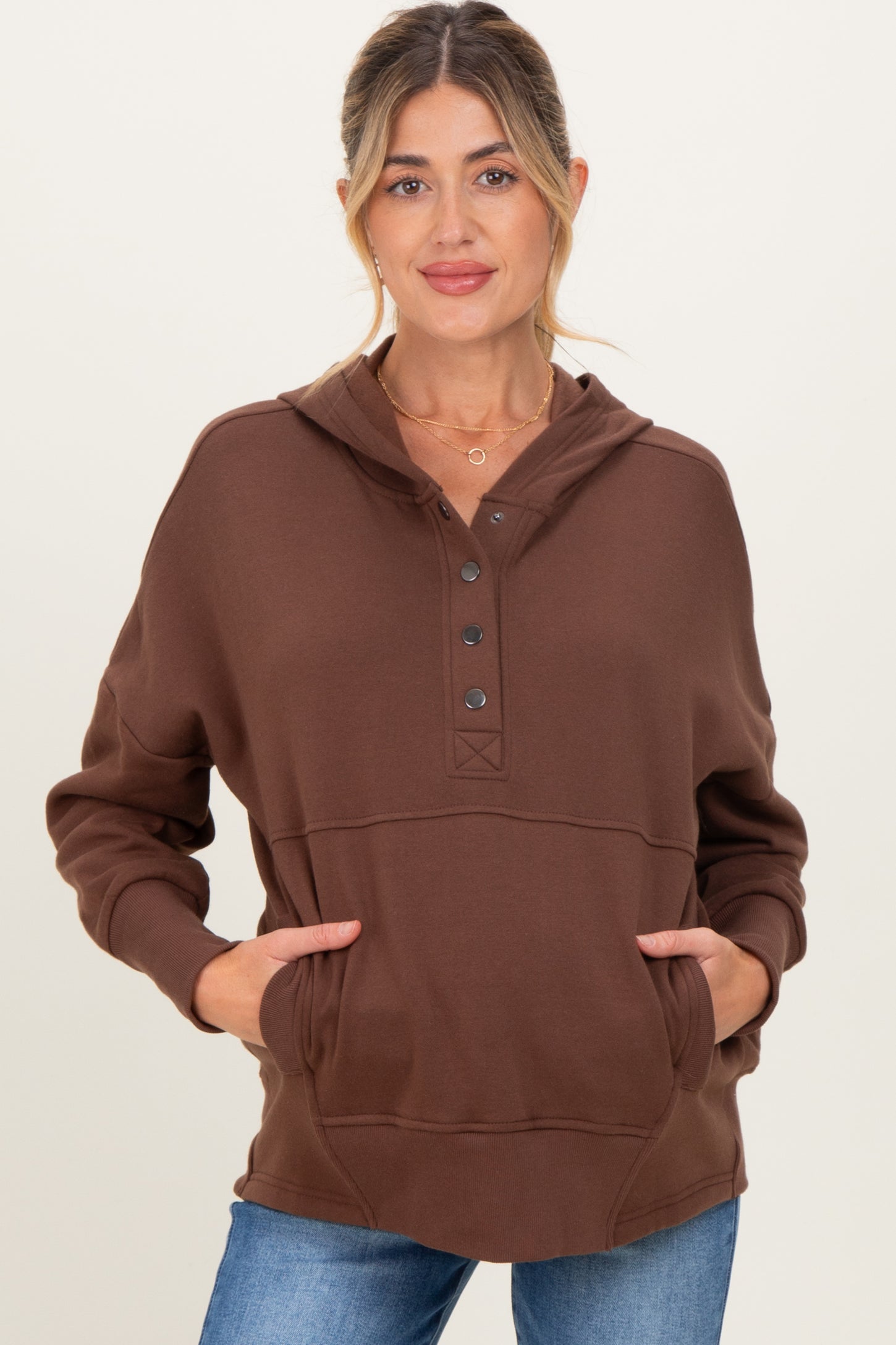 Brown Fleece Snap Button Maternity Hoodie