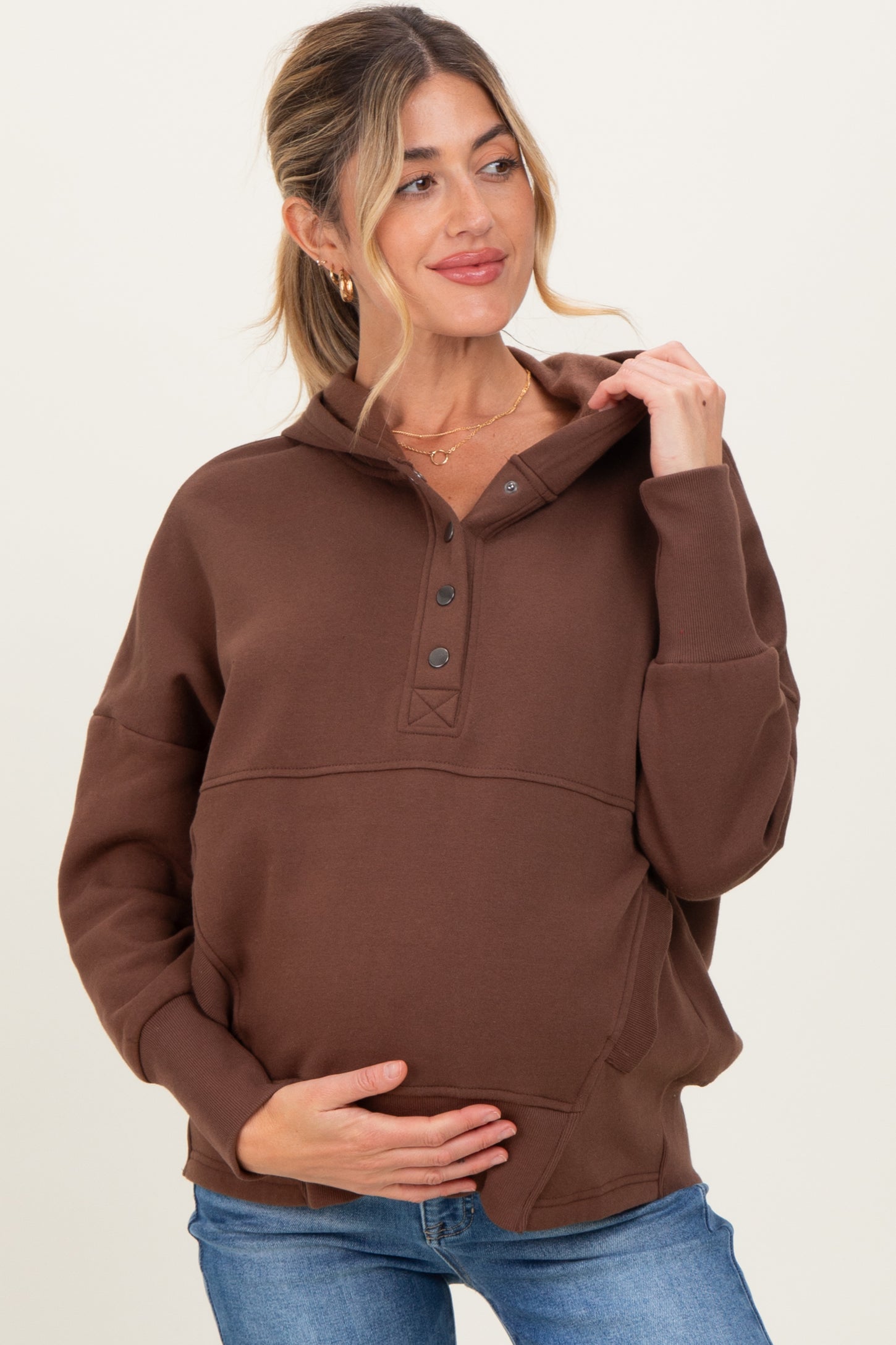 Brown Fleece Snap Button Maternity Hoodie
