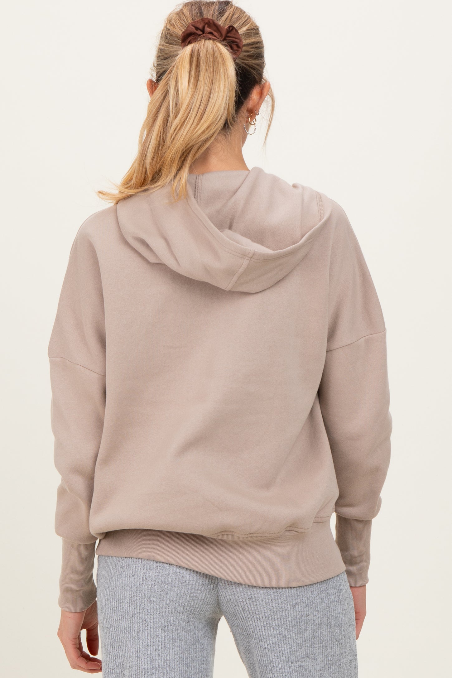 Beige Fleece Snap Button Maternity Hoodie