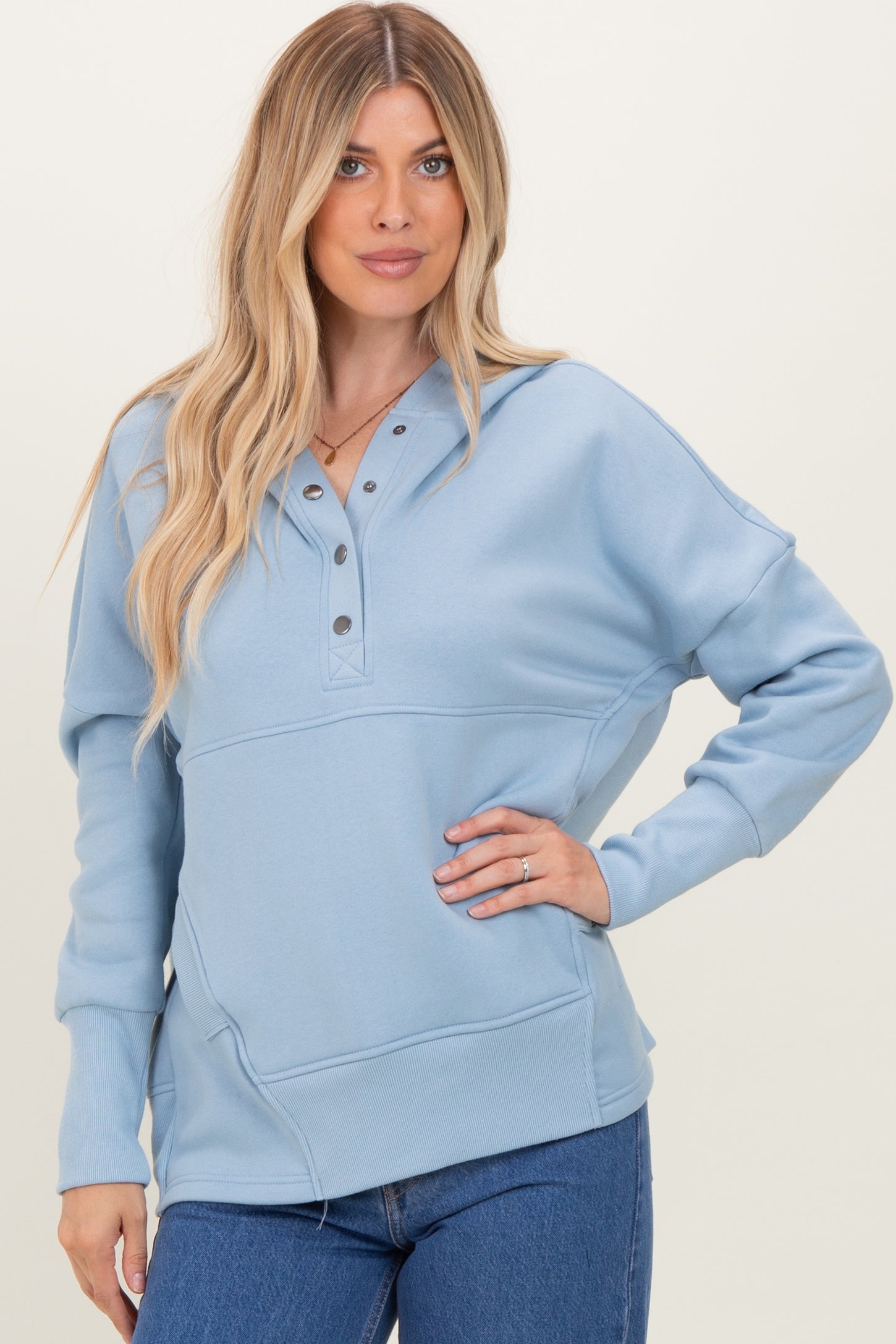 Light Blue Fleece Snap Button Hoodie
