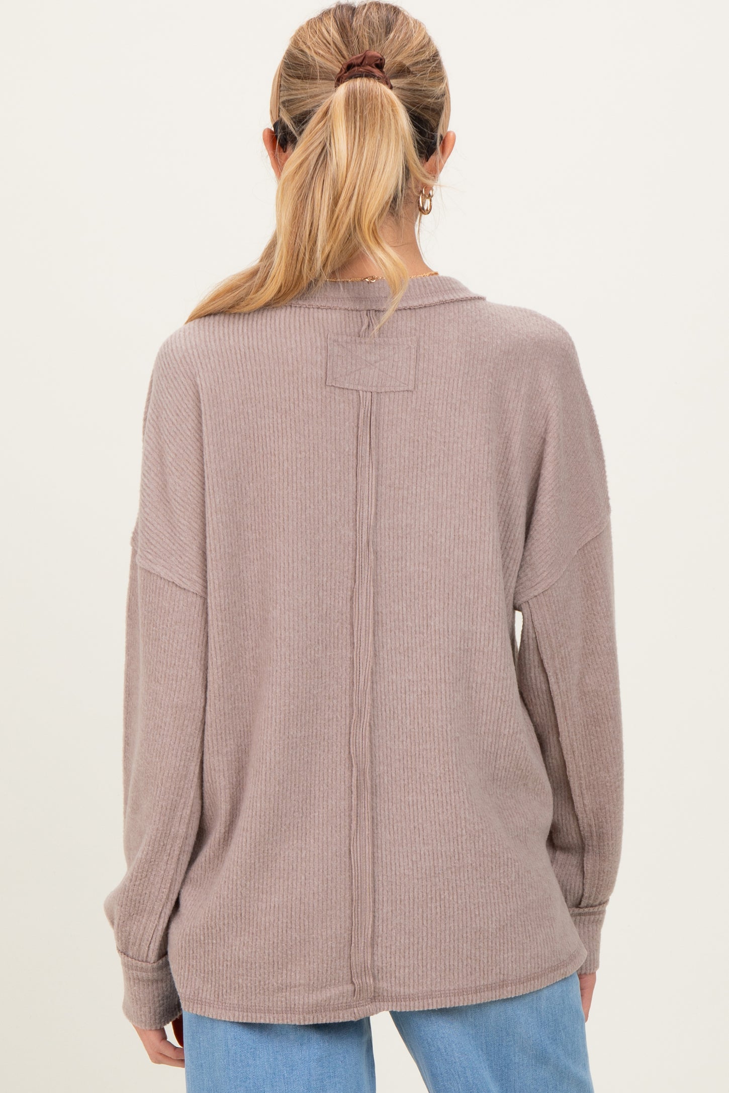 Beige Brushed Ribbed Knit Maternity Pullover