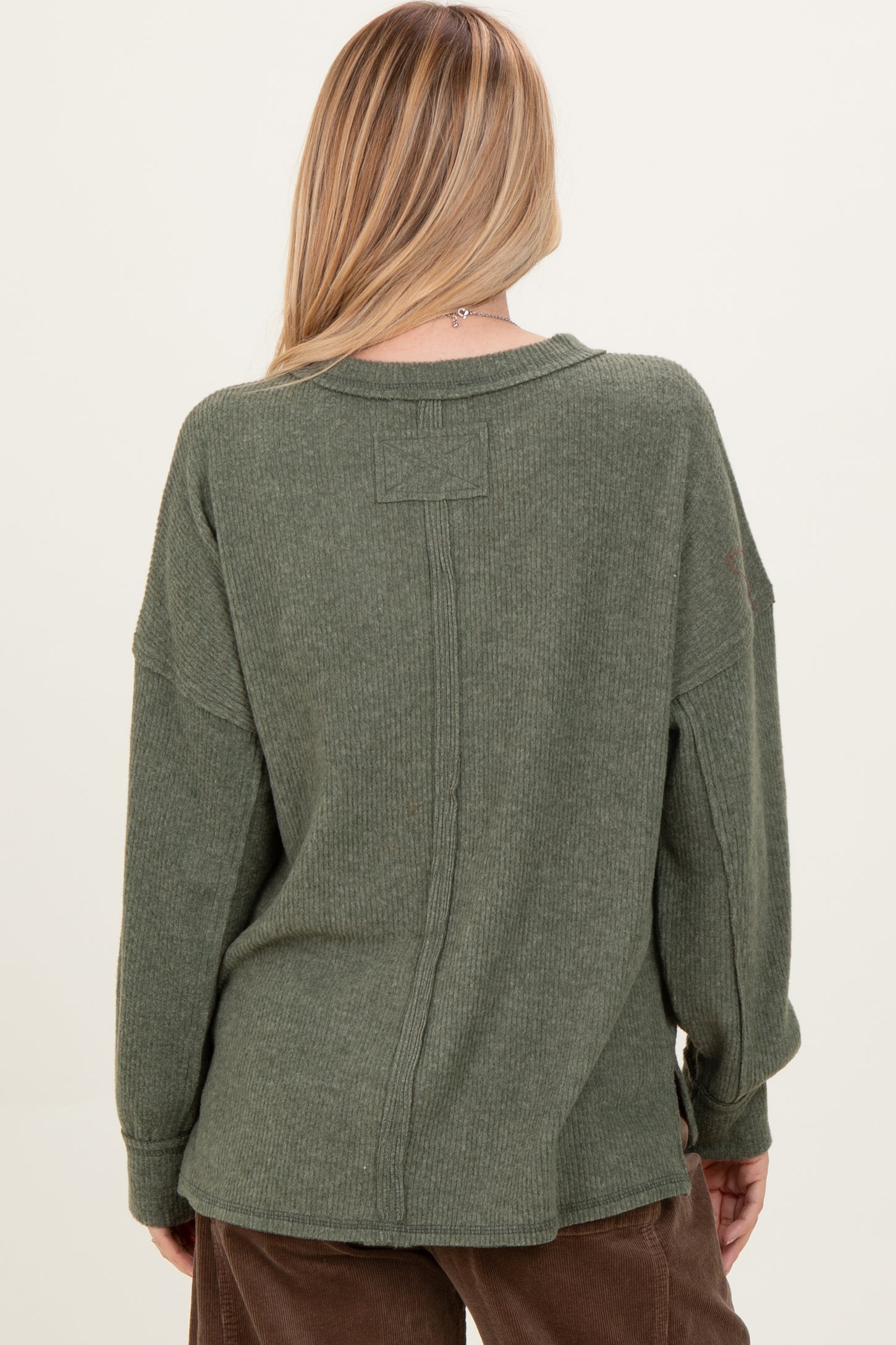 Olive Brushed Ribbed Knit Pullover