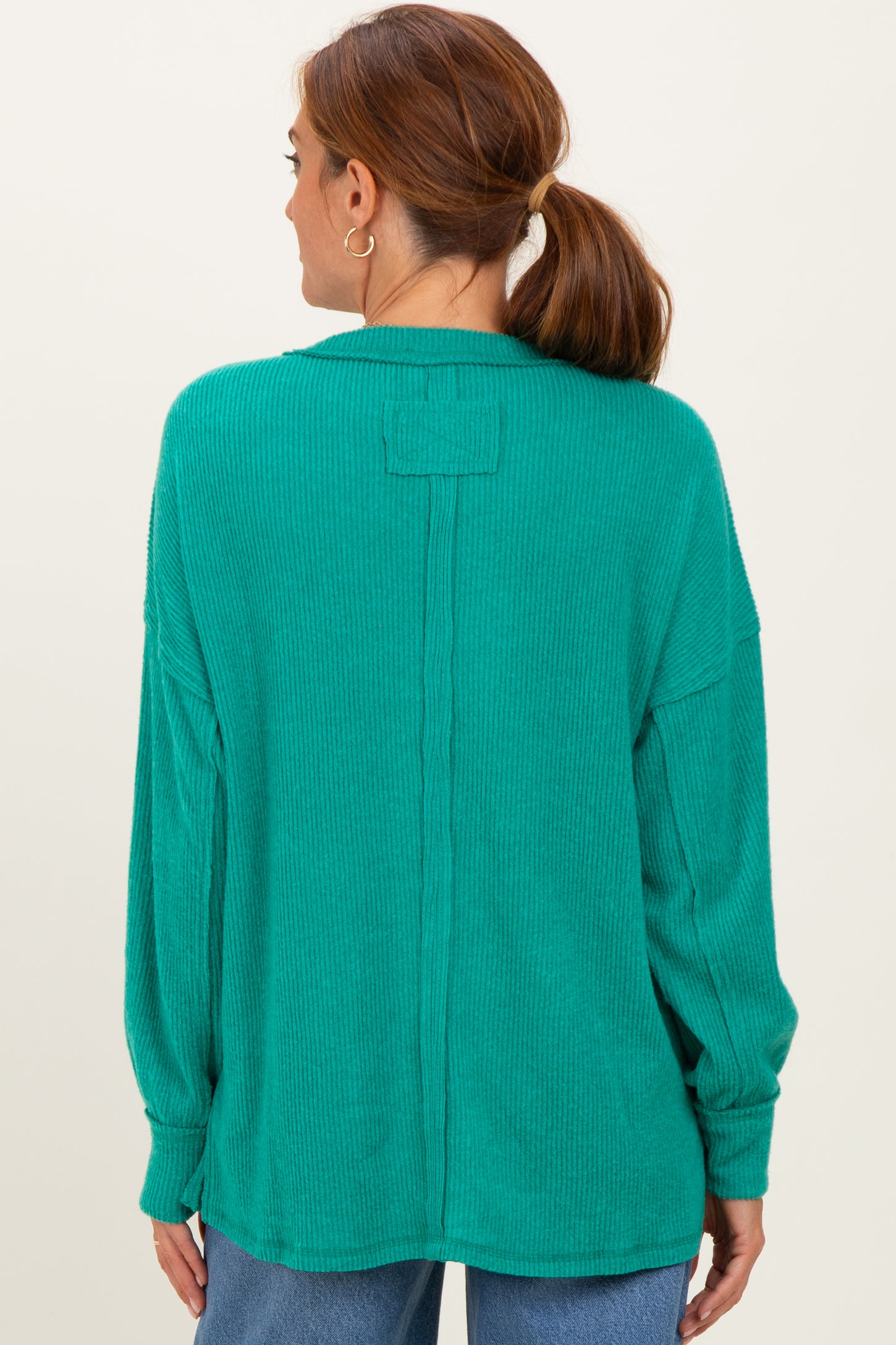 Green Brushed Ribbed Knit Pullover