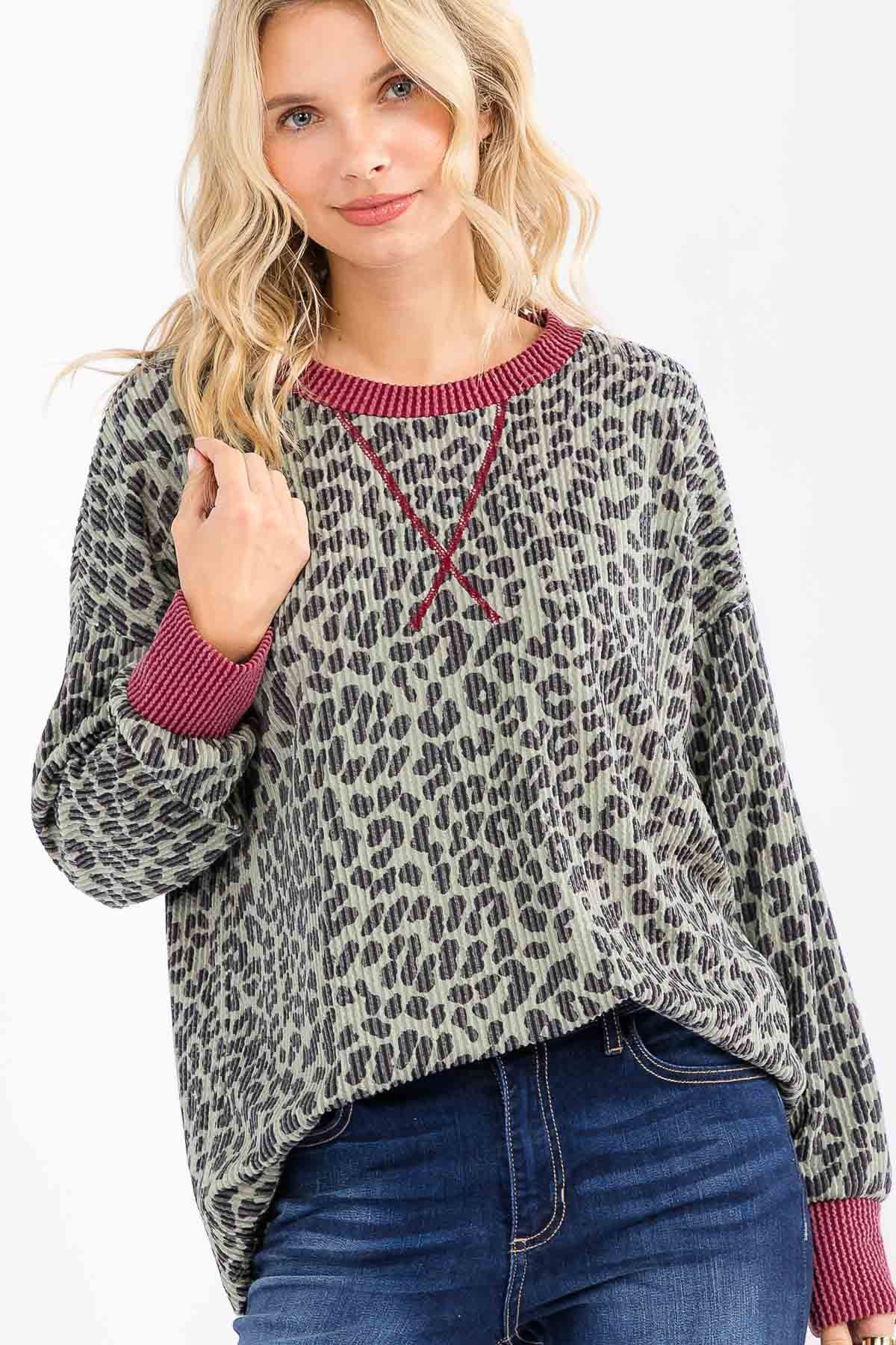 Sage Ribbed Animal Print Contrast Trim Maternity Pullover