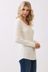 Cream Waffle Rib Knit Henley Top