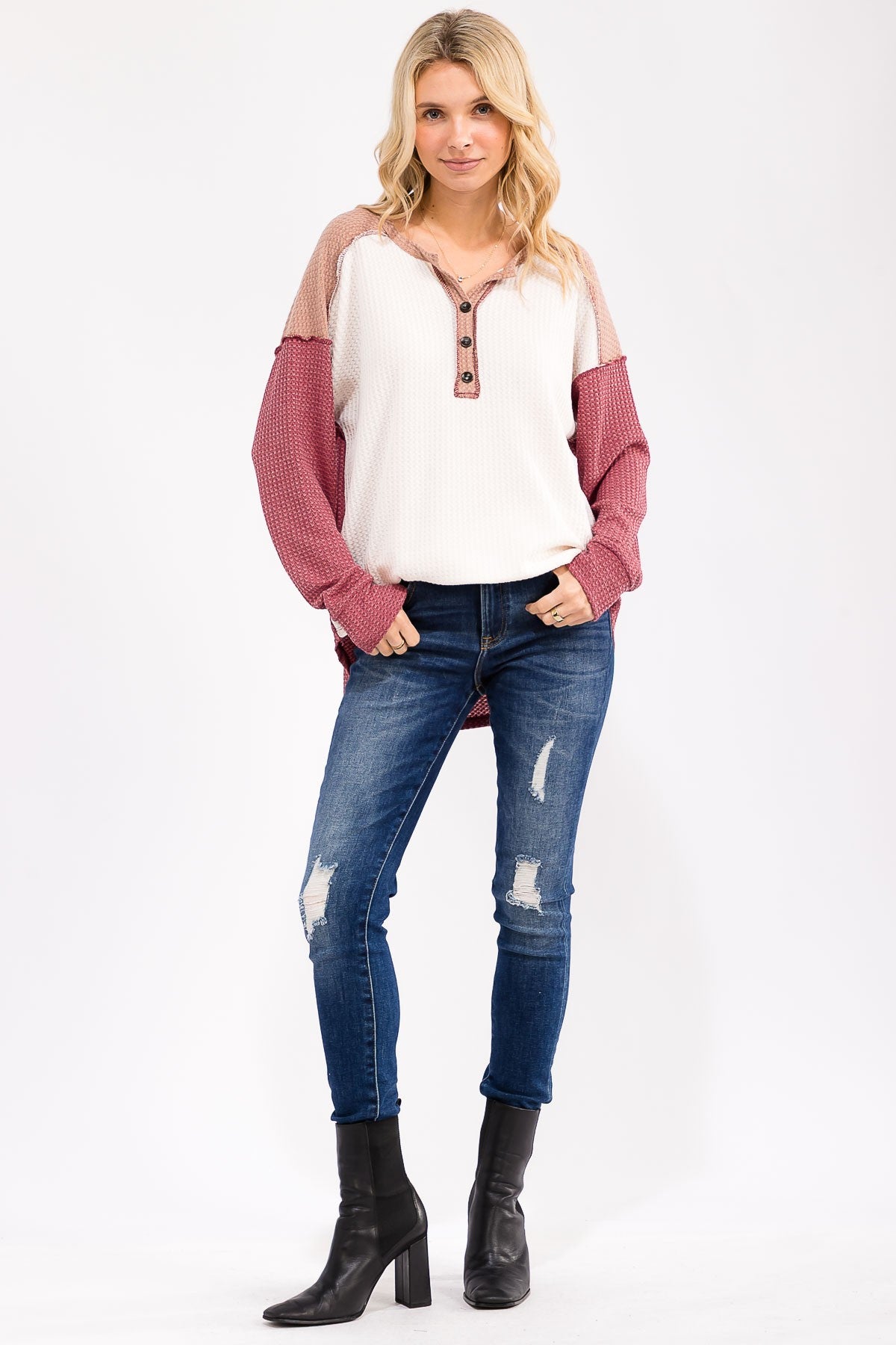 Burgundy Waffle Knit Colorblock Top