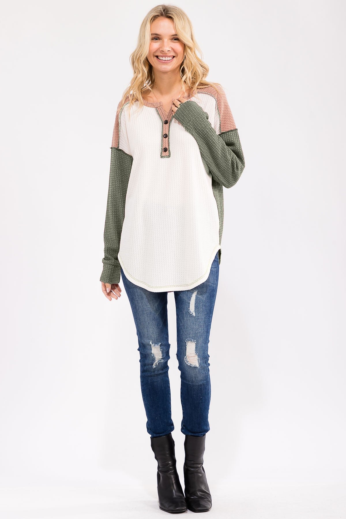 Olive Waffle Knit Colorblock Top