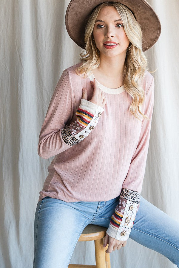 Light Pink Colorblock Print Detail Long Sleeve Top