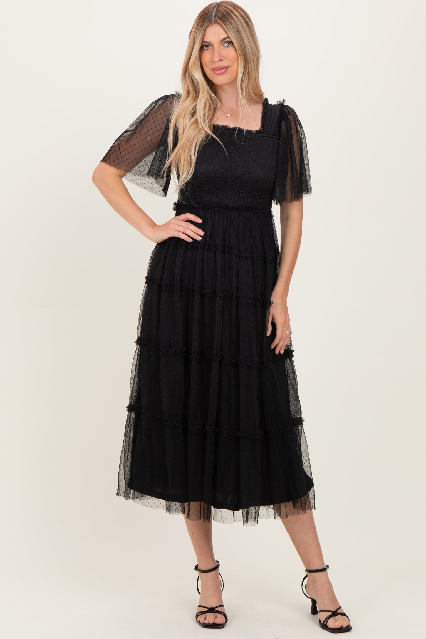 Black Ruffled Mesh Maternity Maxi Dress