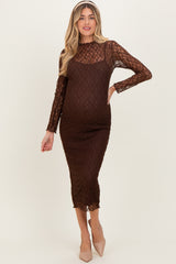 Brown Lace Overlay Fitted Maternity Midi Dress