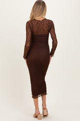 Brown Lace Overlay Fitted Maternity Midi Dress