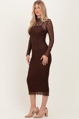 Brown Lace Overlay Fitted Midi Dress