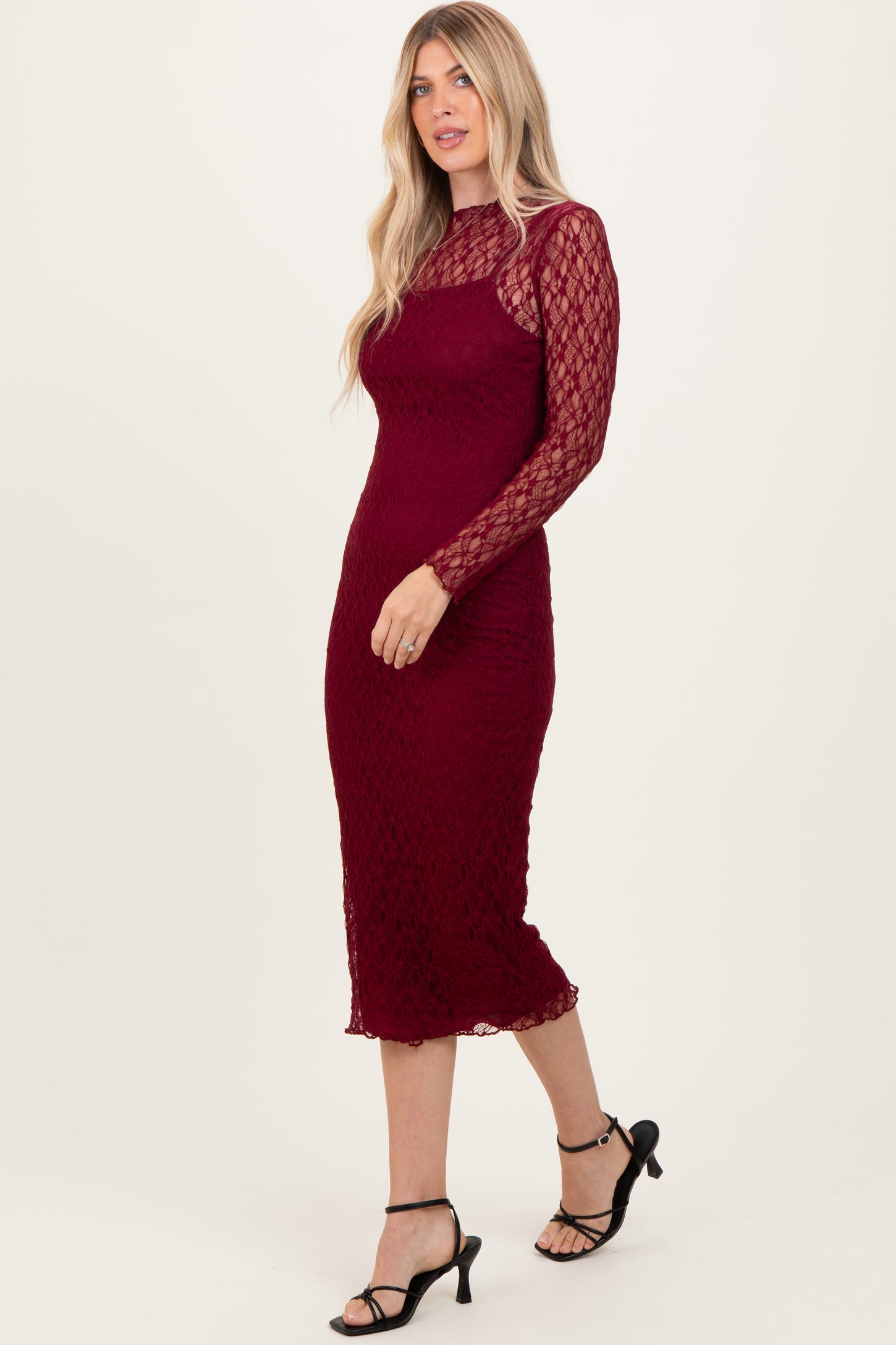 Burgundy Lace Overlay Fitted Midi Dress