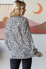 Beige Ribbed Animal Print Contrast Trim Pullover