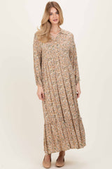 Mustard Floral Long Sleeve Button Down Collared Maxi Dress